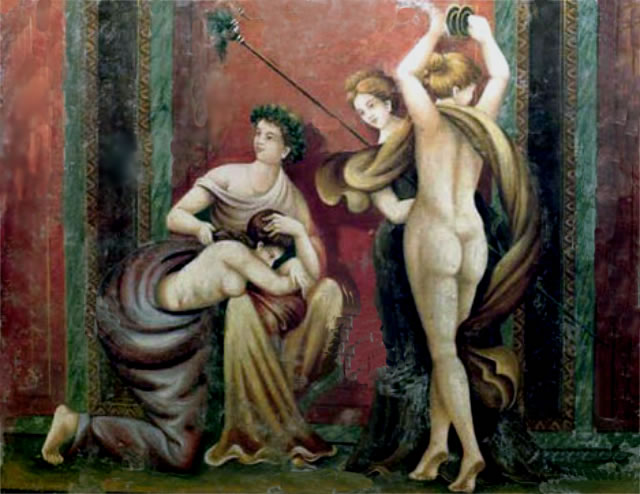 Mujeres desnudas, pintura al fresco antigua en Pompeya del 59 D.C.