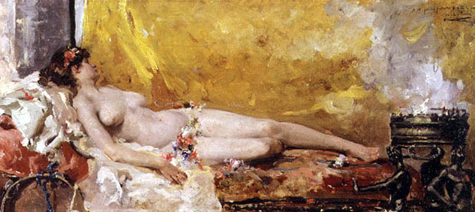 Dama desnuda sobre un diván por Sorolla y Bastida. 