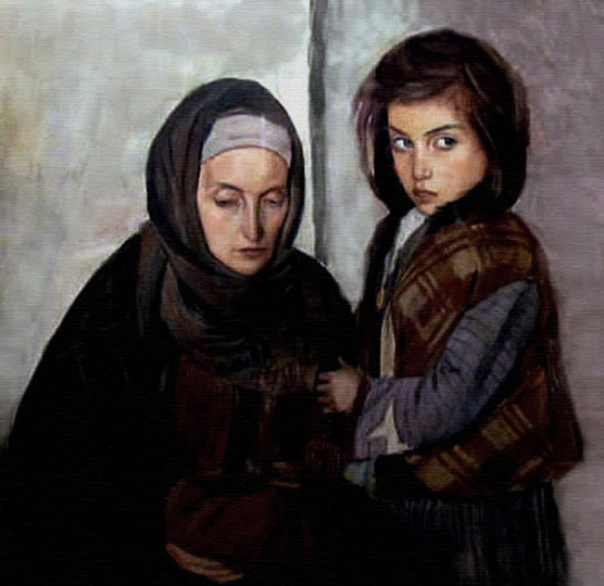 Madre e hija, pintura polaca al agua por Minkowski.