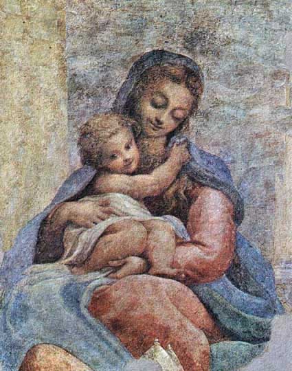 Madonna y niño al fresco por El Correggio.
