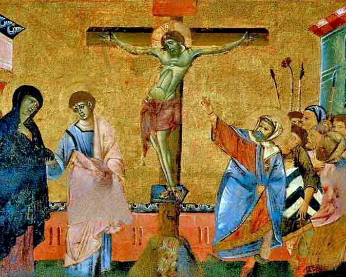 La crucifixión en estilo bizantino italiano del 1200, por Da Siena.