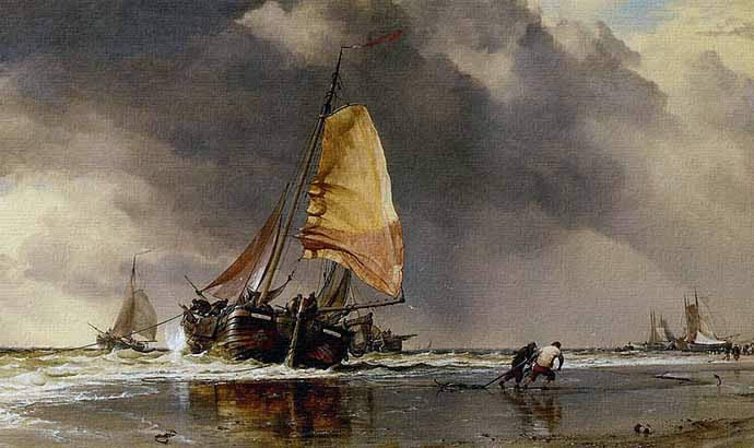 Escena costera al óleo por el inglés Cooke.