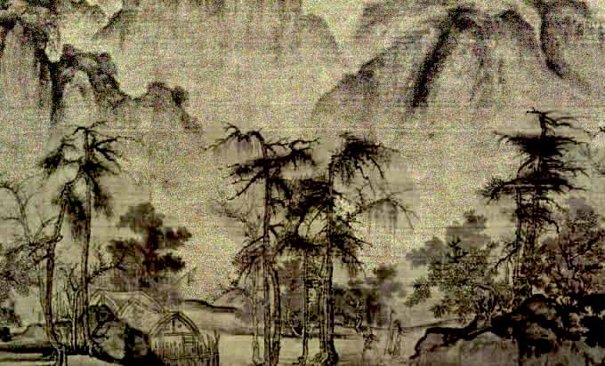 Paisaje pintado en seda, por el artista chino Hsi.